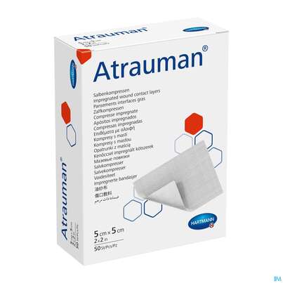 Sie sehen eine Packung Wundauflagen Atrauman Salbenvlies Wirkstofffr Steril 5x 5cm 50st, Produktbild: 03 Wundauflagen Atrauman Salbenvlies Wirkstofffr Steril 5x 5cm 50st, A-Nr.: 1708876 - 03