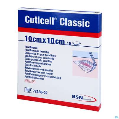 Sie sehen eine Packung Wundauflagen Cuticell/classic Distanzgitter Paraffin 10x10cm 10st, Produktbild: 02 Wundauflagen Cuticell/classic Distanzgitter Paraffin 10x10cm 10st, A-Nr.: 4316935 - 02