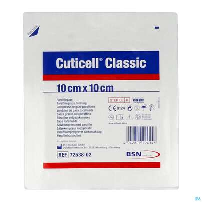 Sie sehen eine Packung Wundauflagen Cuticell/classic Distanzgitter Paraffin 10x10cm 10st, Produktbild: 04 Wundauflagen Cuticell/classic Distanzgitter Paraffin 10x10cm 10st, A-Nr.: 4316935 - 04