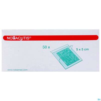 Sie sehen eine Packung Wundauflagen Nobacutis Salbenkompresse Steril 5x 5cm 50st, Produktbild: 01 Wundauflagen Nobacutis Salbenkompresse Steril 5x 5cm 50st, A-Nr.: 3337786 - 01
