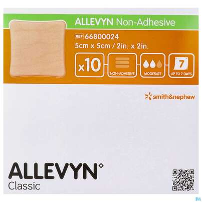 Sie sehen eine Packung Wundverband Allevyn/polyurethan Non Adhesive 5x 5cm 10st, Produktbild: 01 Wundverband Allevyn/polyurethan Non Adhesive 5x 5cm 10st, A-Nr.: 2705383 - 01