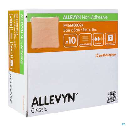 Sie sehen eine Packung Wundverband Allevyn/polyurethan Non Adhesive 5x 5cm 10st, Produktbild: 02 Wundverband Allevyn/polyurethan Non Adhesive 5x 5cm 10st, A-Nr.: 2705383 - 02