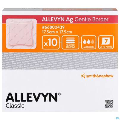 Sie sehen eine Packung Wundverband Allevyn/silikon-gel Besch. Ag Gentle Border 17,5x 17,5cm 10st, Produktbild: 01 Wundverband Allevyn/silikon-gel Besch. Ag Gentle Border 17,5x 17,5cm 10st, A-Nr.: 3329019 - 01