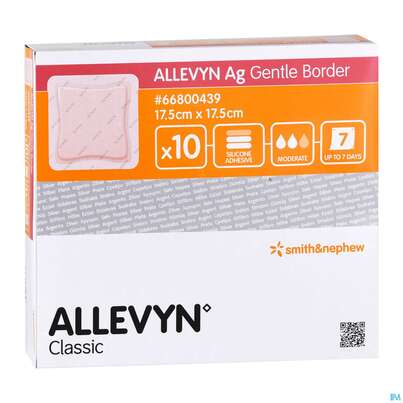 Sie sehen eine Packung Wundverband Allevyn/silikon-gel Besch. Ag Gentle Border 17,5x 17,5cm 10st, Produktbild: 03 Wundverband Allevyn/silikon-gel Besch. Ag Gentle Border 17,5x 17,5cm 10st, A-Nr.: 3329019 - 03