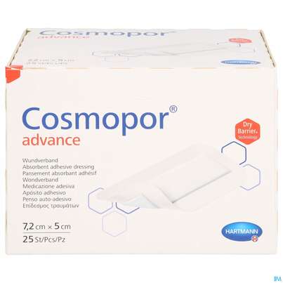 Sie sehen eine Packung Wundverband Cosmopor/advance 7,2x 5cm 25st, Produktbild: 01 Wundverband Cosmopor/advance 7,2x 5cm 25st, A-Nr.: 3796755 - 01