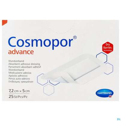 Sie sehen eine Packung Wundverband Cosmopor/advance 7,2x 5cm 25st, Produktbild: 02 Wundverband Cosmopor/advance 7,2x 5cm 25st, A-Nr.: 3796755 - 02