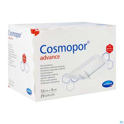 Sie sehen eine Packung Wundverband Cosmopor/advance 7,2x 5cm 25st, Produktbild: 03 Wundverband Cosmopor/advance 7,2x 5cm 25st, A-Nr.: 3796755 - 03