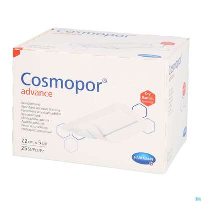 Sie sehen eine Packung Wundverband Cosmopor/advance 7,2x 5cm 25st, Produktbild: 04 Wundverband Cosmopor/advance 7,2x 5cm 25st, A-Nr.: 3796755 - 04