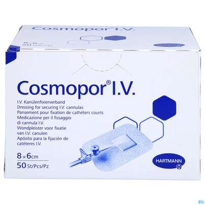 Sie sehen eine Packung Wundverband Cosmopor/i.v. Steril Selbstklebend 6cm 50st, Produktbild: 01 Wundverband Cosmopor/i.v. Steril Selbstklebend 6cm 50st, A-Nr.: 2790963 - 01