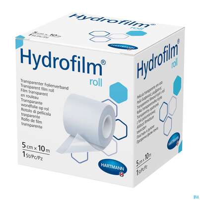 Sie sehen eine Packung Wundverband Fixierfolie Hydrofilm Roll Unsteril 10mx 5cm 1st, Produktbild: 01 Wundverband Fixierfolie Hydrofilm Roll Unsteril 10mx 5cm 1st, A-Nr.: 3289432 - 01