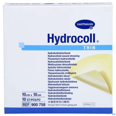 Sie sehen eine Packung Wundverband Hydrocoll Thin 10x 10cm 10st, Produktbild: 01 Wundverband Hydrocoll Thin 10x 10cm 10st, A-Nr.: 2219412 - 01