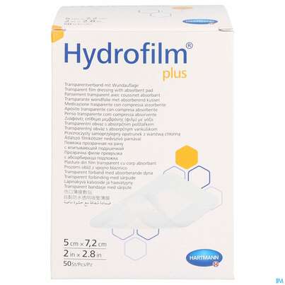 Sie sehen eine Packung Wundverband Hydrofilm/plus 5x 7,2cm 50st, Produktbild: 01 Wundverband Hydrofilm/plus 5x 7,2cm 50st, A-Nr.: 3697183 - 01