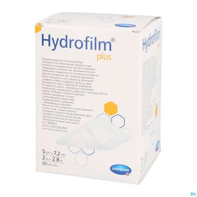 Sie sehen eine Packung Wundverband Hydrofilm/plus 5x 7,2cm 50st, Produktbild: 02 Wundverband Hydrofilm/plus 5x 7,2cm 50st, A-Nr.: 3697183 - 02