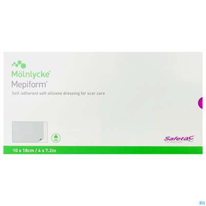 Sie sehen eine Packung Wundverband Mepiform Silikonverband Selbsthaftend 10x 18cm 5st, Produktbild: 01 Wundverband Mepiform Silikonverband Selbsthaftend 10x 18cm 5st, A-Nr.: 2211793 - 01