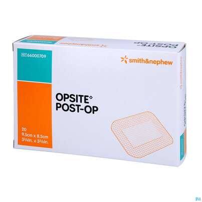 Sie sehen eine Packung Wundverband Opsite Post-op 8,5x 9,5cm 20st, Produktbild: 02 Wundverband Opsite Post-op 8,5x 9,5cm 20st, A-Nr.: 1703229 - 02