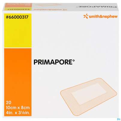 Sie sehen eine Packung Wundverband Primapore Steril 8x 10cm 20st, Produktbild: 01 Wundverband Primapore Steril 8x 10cm 20st, A-Nr.: 2213562 - 01