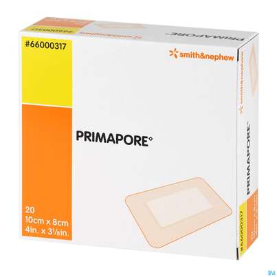 Sie sehen eine Packung Wundverband Primapore Steril 8x 10cm 20st, Produktbild: 02 Wundverband Primapore Steril 8x 10cm 20st, A-Nr.: 2213562 - 02