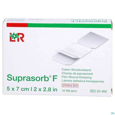 Sie sehen eine Packung Wundverband Suprasorb/steril F Folien 5x 7cm 10st, Produktbild: 01 Wundverband Suprasorb/steril F Folien 5x 7cm 10st, A-Nr.: 2203397 - 01