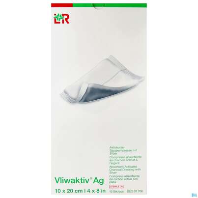 Sie sehen eine Packung Wundverband Vliwaktiv/ag Aktivkohle Saugkompresse +silber 10x 20cm 10st, Produktbild: 01 Wundverband Vliwaktiv/ag Aktivkohle Saugkompresse +silber 10x 20cm 10st, A-Nr.: 3073407 - 01