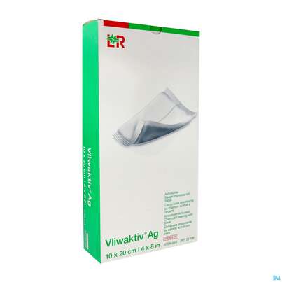 Sie sehen eine Packung Wundverband Vliwaktiv/ag Aktivkohle Saugkompresse +silber 10x 20cm 10st, Produktbild: 02 Wundverband Vliwaktiv/ag Aktivkohle Saugkompresse +silber 10x 20cm 10st, A-Nr.: 3073407 - 02