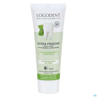Sie sehen eine Packung Zahncreme Logona Logodent Extra Frisch Pfefferminz 75ml, Produktbild: 01 Zahncreme Logona Logodent Extra Frisch Pfefferminz 75ml, A-Nr.: 5410889 - 01