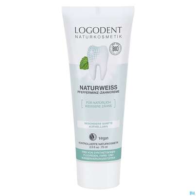 Sie sehen eine Packung Zahncreme Logona Logodent Naturweiss Pfefferminz 75ml, Produktbild: 01 Zahncreme Logona Logodent Naturweiss Pfefferminz 75ml, A-Nr.: 5410636 - 01