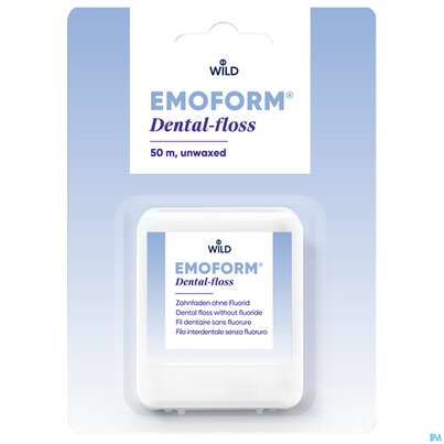 Sie sehen eine Packung Zahnseide Emoform Dental Floss Unwaxed 50m, Produktbild: 01 Zahnseide Emoform Dental Floss Unwaxed 50m, A-Nr.: 4124153 - 01