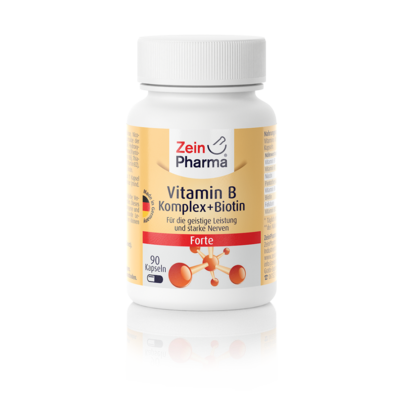 Sie sehen eine Packung Zeinpharma Vitamin B-Komplex +Biotin Kapseln, Produktbild: 01 Zeinpharma Vitamin B-Komplex +Biotin Kapseln, A-Nr.: 4100425 - 01