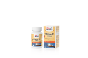 Sie sehen eine Packung Zeinpharma Vitamin D3 2000IE Kapseln, Produktbild: 01 Zeinpharma Vitamin D3 2000IE Kapseln, A-Nr.: 4182819 - 01
