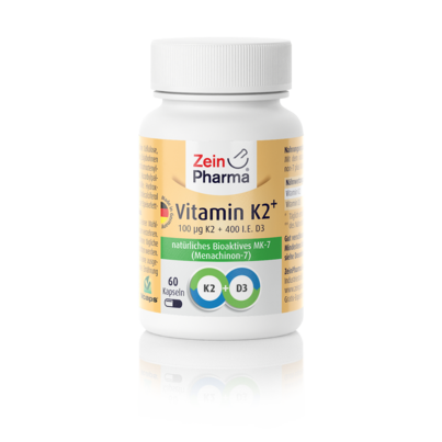 Sie sehen eine Packung Zeinpharma Vitamin K2 MenaQ7 100 mcg Kapseln, Produktbild: 01 Zeinpharma Vitamin K2 MenaQ7 100 mcg Kapseln, A-Nr.: 4189738 - 01
