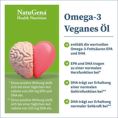 Sie sehen eine Packung NatuGena Omega-3 Veganes Öl, Produktbild: 03 NatuGena Omega-3 Veganes Öl, A-Nr.: 5847379 - 03