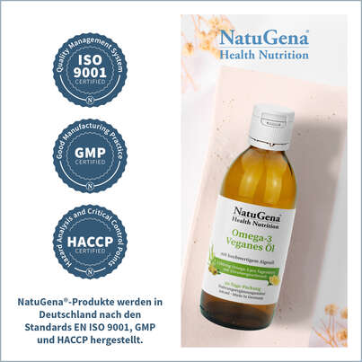 Sie sehen eine Packung NatuGena Omega-3 Veganes Öl, Produktbild: 08 NatuGena Omega-3 Veganes Öl, A-Nr.: 5847379 - 08
