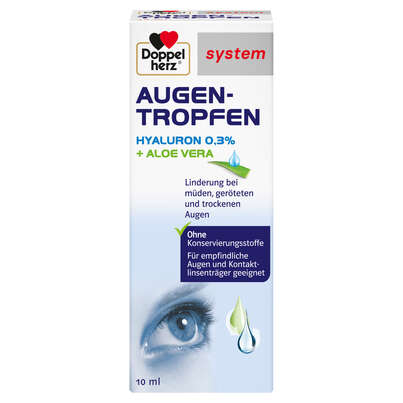 Sie sehen eine Packung Doppelherz system AUGEN-TROPFEN HYALURON 0,3 % + ALOE VERA, Produktbild: 01 Doppelherz system AUGEN-TROPFEN HYALURON 0,3 % + ALOE VERA, A-Nr.: 5677687 - 01