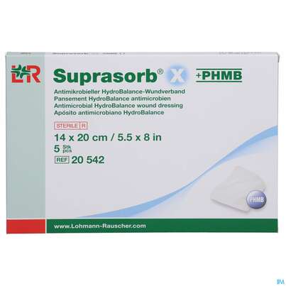 Sie sehen eine Packung Suprasorb X-phmb Hydrobalance Wundverband Antimikrobiell 14x 20cm 5st, Produktbild: 01 Suprasorb X-phmb Hydrobalance Wundverband Antimikrobiell 14x 20cm 5st, A-Nr.: 3065201 - 01
