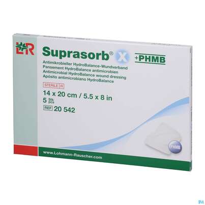 Sie sehen eine Packung Suprasorb X-phmb Hydrobalance Wundverband Antimikrobiell 14x 20cm 5st, Produktbild: 02 Suprasorb X-phmb Hydrobalance Wundverband Antimikrobiell 14x 20cm 5st, A-Nr.: 3065201 - 02