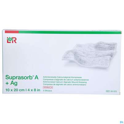 Sie sehen eine Packung Suprasorb/steril A+ag Antimikrob.calcium-alginat Kompresse 10x 20cm 5st, Produktbild: 01 Suprasorb/steril A+ag Antimikrob.calcium-alginat Kompresse 10x 20cm 5st, A-Nr.: 3070372 - 01