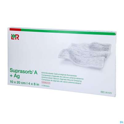 Sie sehen eine Packung Suprasorb/steril A+ag Antimikrob.calcium-alginat Kompresse 10x 20cm 5st, Produktbild: 02 Suprasorb/steril A+ag Antimikrob.calcium-alginat Kompresse 10x 20cm 5st, A-Nr.: 3070372 - 02