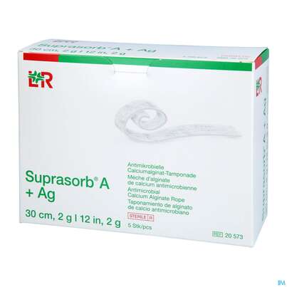 Sie sehen eine Packung Suprasorb/steril A+ag Antimikrob.calcium-alginat Tampomade 30cm/2g 5st, Produktbild: 01 Suprasorb/steril A+ag Antimikrob.calcium-alginat Tampomade 30cm/2g 5st, A-Nr.: 3070389 - 01