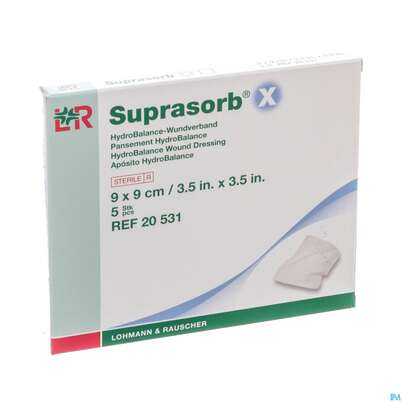 Sie sehen eine Packung Suprasorb/x Hydrobalance Wundverband Kompresse 9x 9cm 5st, Produktbild: 01 Suprasorb/x Hydrobalance Wundverband Kompresse 9x 9cm 5st, A-Nr.: 3065141 - 01