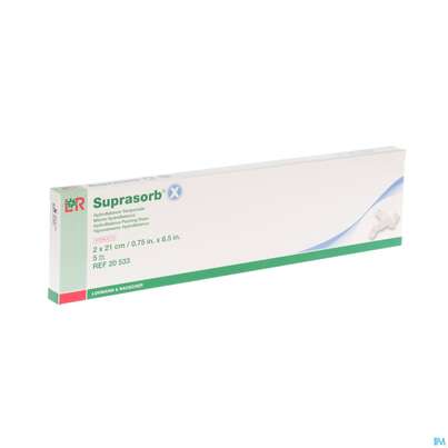 Sie sehen eine Packung Suprasorb/x Hydrobalance Wundverband Tamponade 2x 21cm 5st, Produktbild: 01 Suprasorb/x Hydrobalance Wundverband Tamponade 2x 21cm 5st, A-Nr.: 3065164 - 01