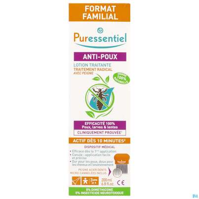 Sie sehen eine Packung Anti-laeuse Puressentiel Behandlungslotion +kamm 200ml, Produktbild: 01 Anti-laeuse Puressentiel Behandlungslotion +kamm 200ml, A-Nr.: 5716683 - 01