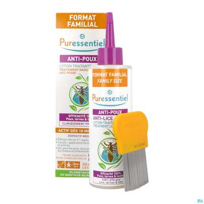 Sie sehen eine Packung Anti-laeuse Puressentiel Behandlungslotion +kamm 200ml, Produktbild: 03 Anti-laeuse Puressentiel Behandlungslotion +kamm 200ml, A-Nr.: 5716683 - 03