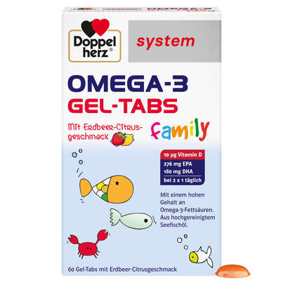 Sie sehen eine Packung Doppelherz system OMEGA-3 family Gel-Tabs zum Kauen, Produktbild: 02 Doppelherz system OMEGA-3 family Gel-Tabs zum Kauen, A-Nr.: 5679373 - 02