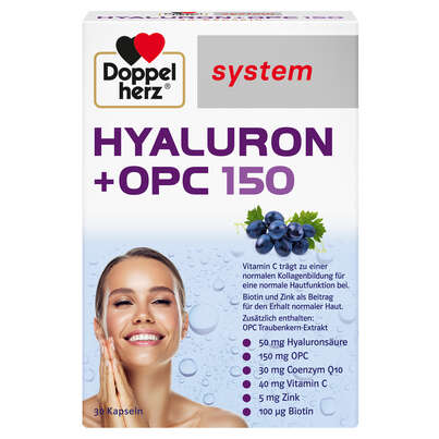 Sie sehen eine Packung Doppelherz system Hyaluron + OPC 150, Produktbild: 01 Doppelherz system Hyaluron + OPC 150, A-Nr.: 5774120 - 01
