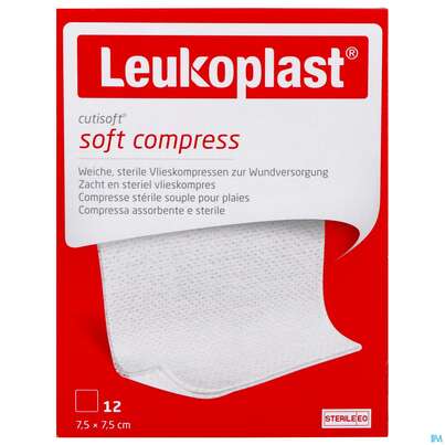 Sie sehen eine Packung Vlieskompressen Cutisoft/leukoplast Steril 7,5x 7,5cm 79995 12st, Produktbild: 01 Vlieskompressen Cutisoft/leukoplast Steril 7,5x 7,5cm 79995 12st, A-Nr.: 4736086 - 01