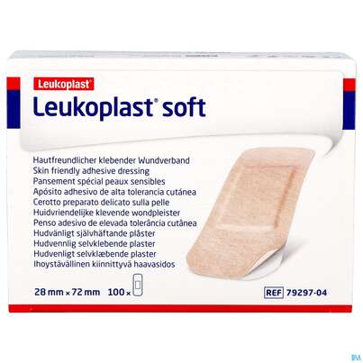 Sie sehen eine Packung Wundpflaster Leukoplast/soft 28x72mm 7929704 100st, Produktbild: 01 Wundpflaster Leukoplast/soft 28x72mm 7929704 100st, A-Nr.: 4803842 - 01