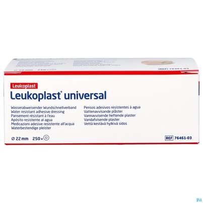 Sie sehen eine Packung Wundpflaster Leukoplast/universal 22mm Rund 7929905 250st, Produktbild: 01 Wundpflaster Leukoplast/universal 22mm Rund 7929905 250st, A-Nr.: 4803902 - 01