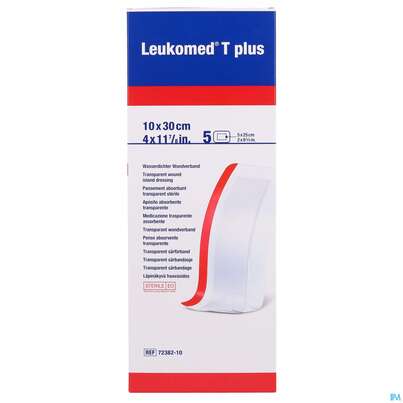Sie sehen eine Packung Wundverband Leukomed T Plus Folienverband/+auflage Steril 10x30cm 5st, Produktbild: 01 Wundverband Leukomed T Plus Folienverband/+auflage Steril 10x30cm 5st, A-Nr.: 3942381 - 01