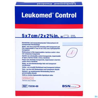 Sie sehen eine Packung Wundverband Leukomed/control Transparent 5x 7cm 7323000 10st, Produktbild: 01 Wundverband Leukomed/control Transparent 5x 7cm 7323000 10st, A-Nr.: 4387556 - 01