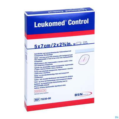 Sie sehen eine Packung Wundverband Leukomed/control Transparent 5x 7cm 7323000 10st, Produktbild: 03 Wundverband Leukomed/control Transparent 5x 7cm 7323000 10st, A-Nr.: 4387556 - 03